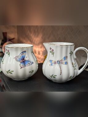 Butterfly & Dragonfly- vintage cream and sugar set- Godinger Primavera pattern